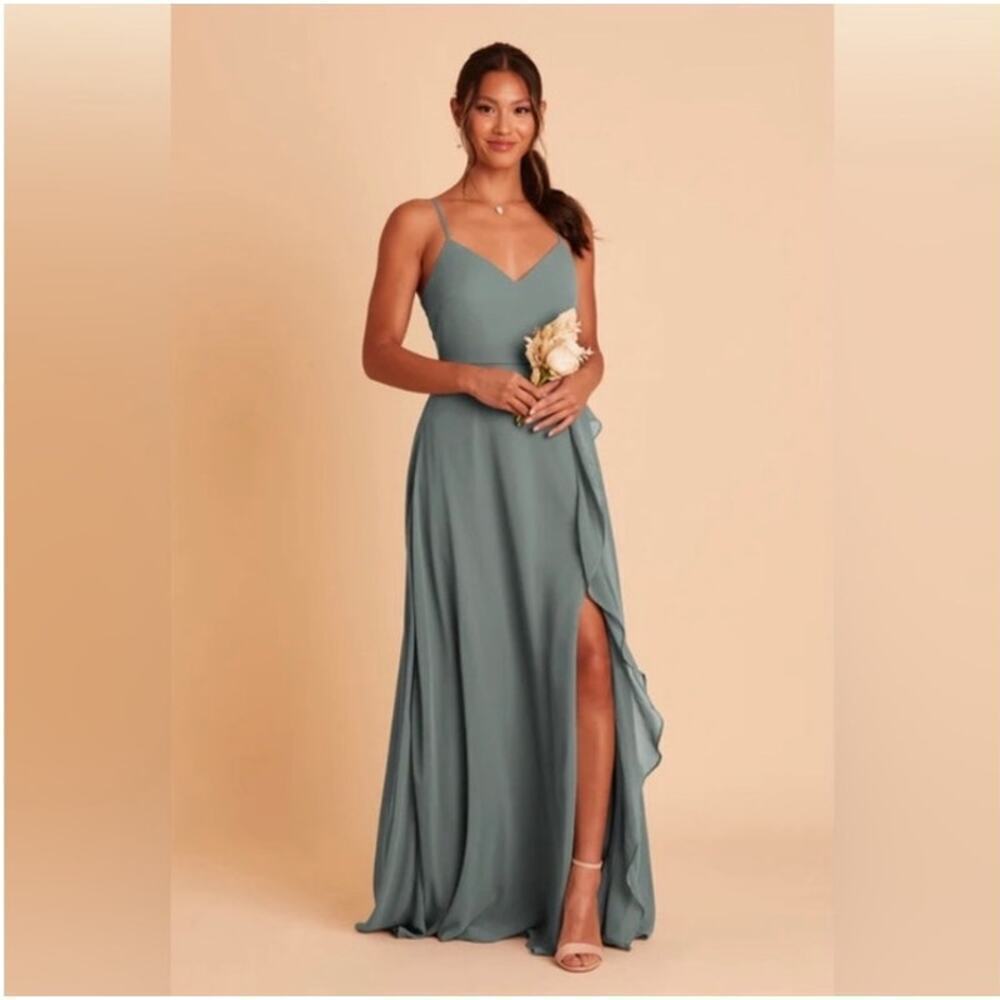 Birdy Grey Theresa Maxi Ruffled Split Leg Dress in Chiffon Sea Glass